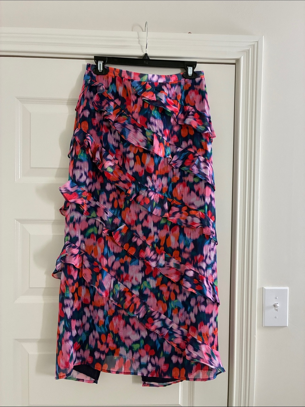 MINKPINK Multi-Color Ruffle Midi Skirt in Pink, Navy & Coral
